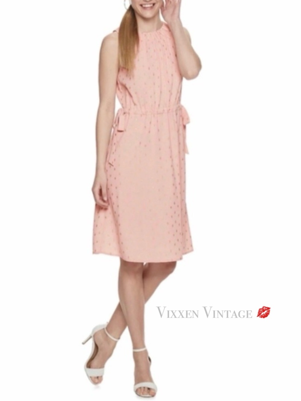 JUICY COUTURE SLEEVELESS HIGH NECK CINCH DRESS IN PEACHSKIN W/ FOIL